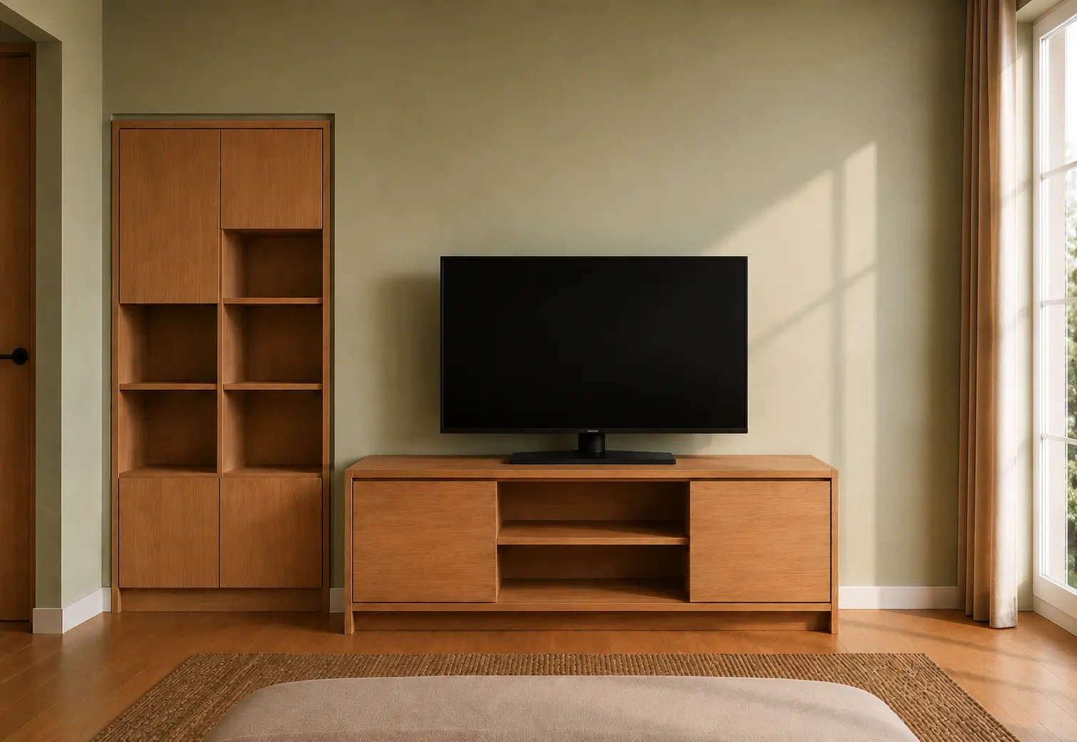 Mueble de TV y librero en madera clara